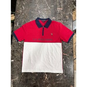 US Polo Assn Boys Red White Blue Colorblock Quarter Zip Polo Shirt Size L 14-16